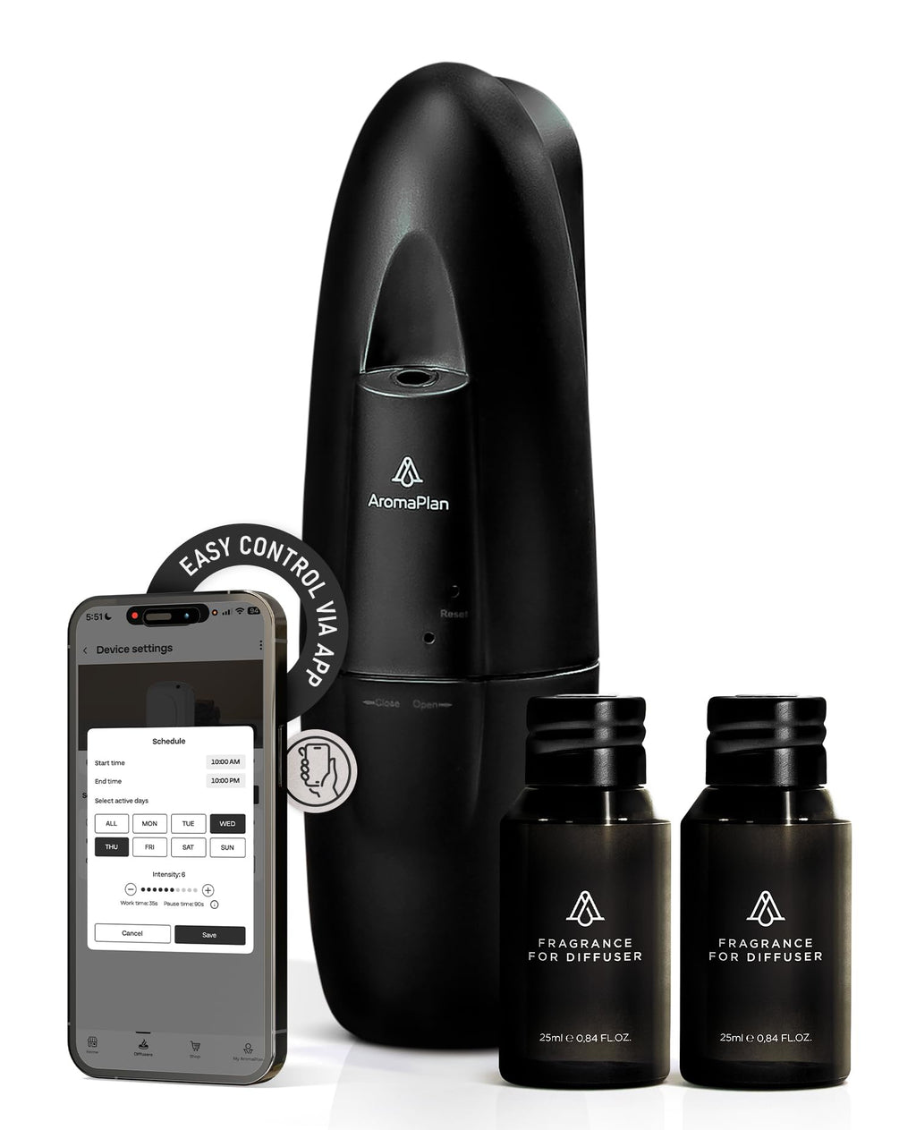 AromaPlan 5-Star Collection 2025 Plug-In Diffuser Cold Air & Waterless – 2 Fragrances Included, Silent 500 sq ft, Bluetooth App Control (Black)