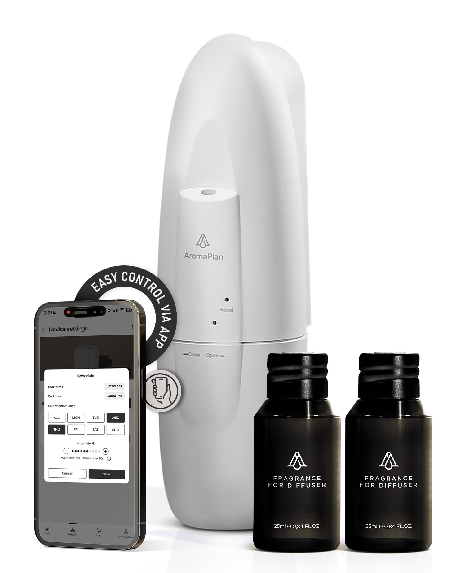 AromaPlan 5 Star Collection 2025 Plug-In Diffuser - Waterless, Bluetooth App Control, 500 sq ft (White)
