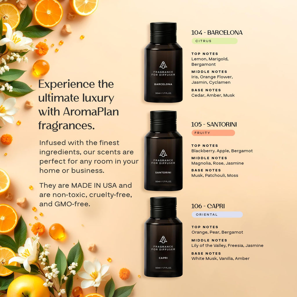 AromaPlan Destinations Collection 3-Pack Diffuser Oils – Capri, Barcelona & Santorini (50 ml) – Non-Toxic, USA-Made