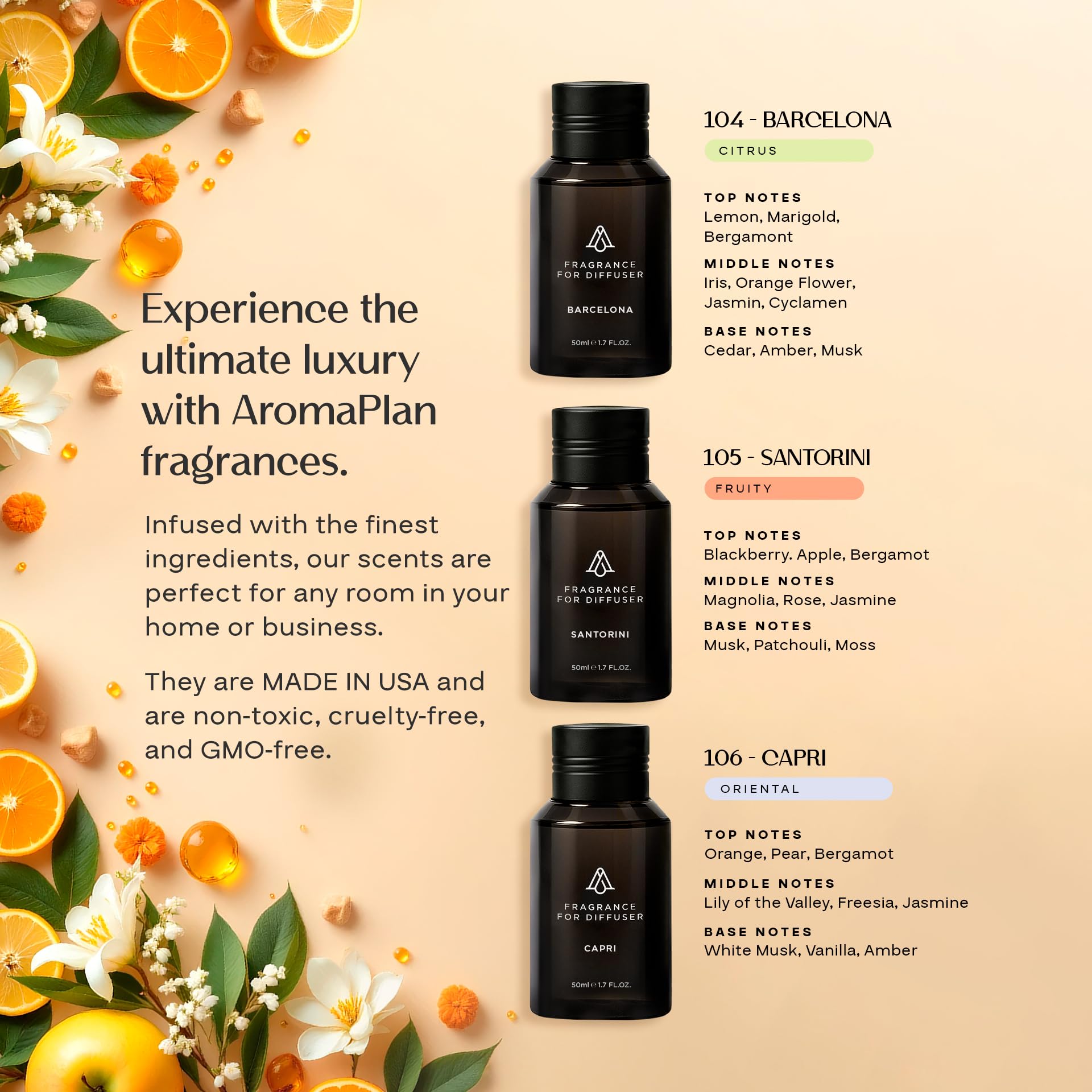 AromaPlan Destinations Collection 3-Pack Diffuser Oils – Capri, Barcelona & Santorini (50 ml) – Non-Toxic, USA-Made
