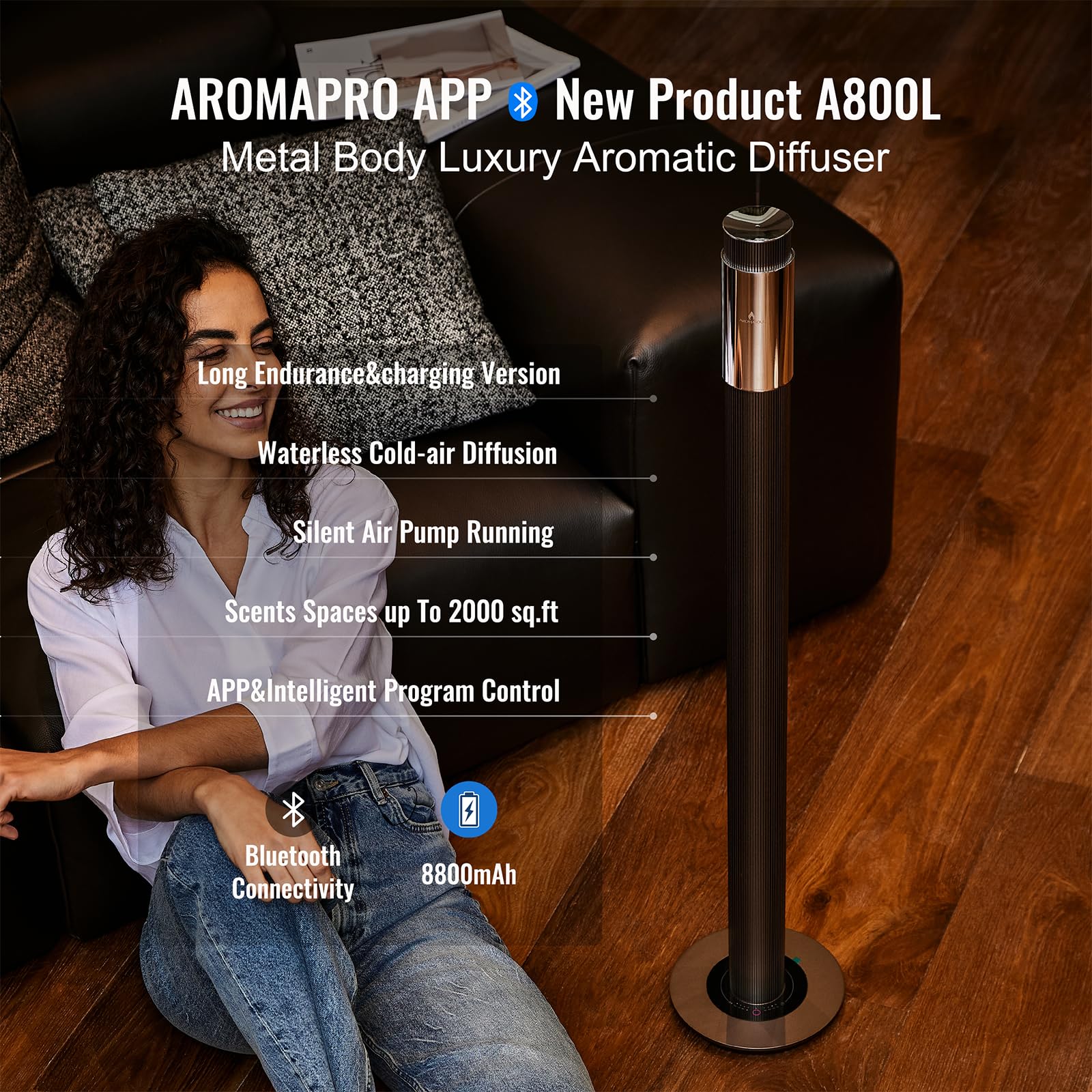 AROMASOUL 40-Inch Waterless Diffuser – App-Controlled, 2000 sq ft Coverage, Brown