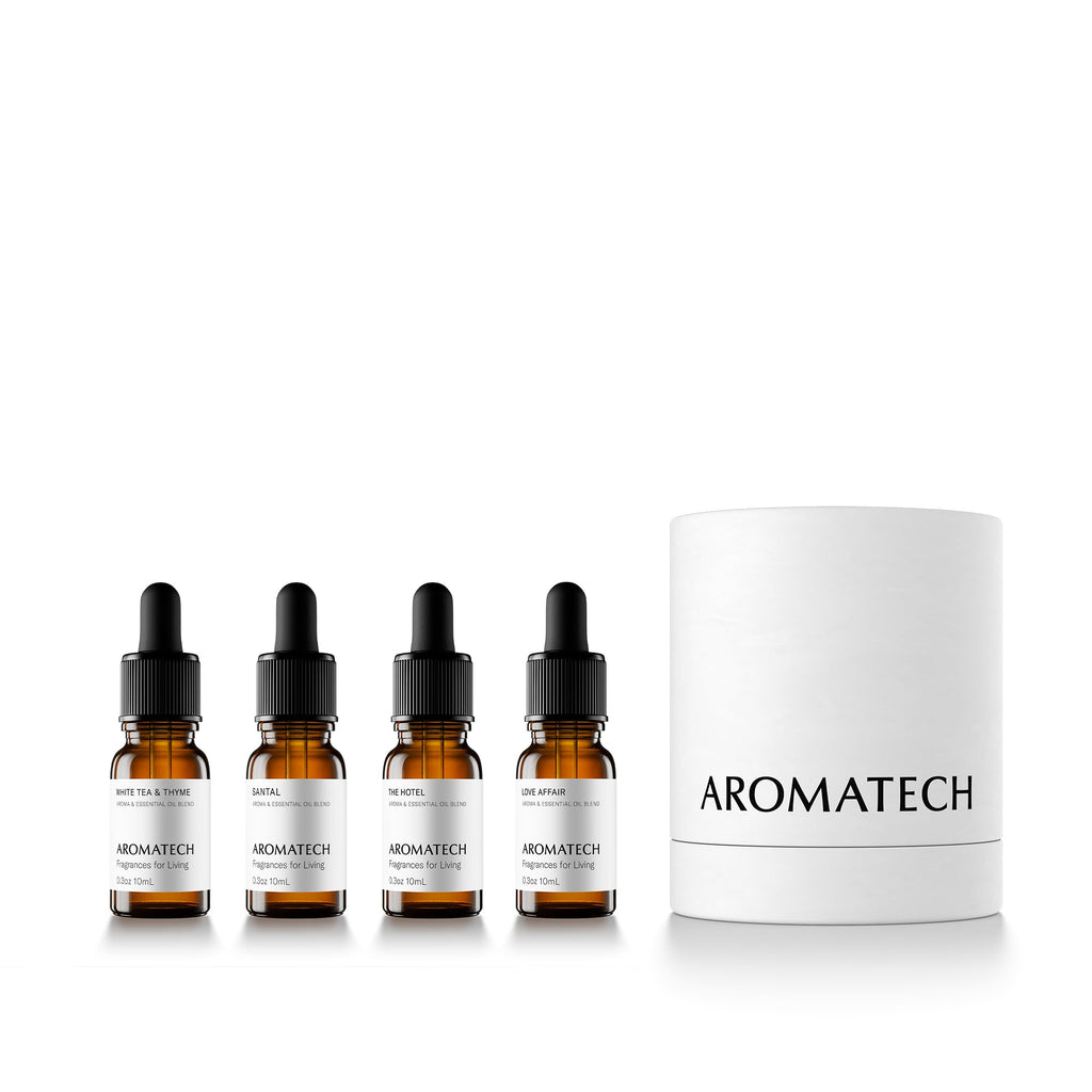 AromaTech The Bestsellers Set | Gift Set of Aroma Diffuser Essential Oils Blend of Santal, The Hotel, White Tea & Thyme, and Love Affair - 10 mL (4 Pack)