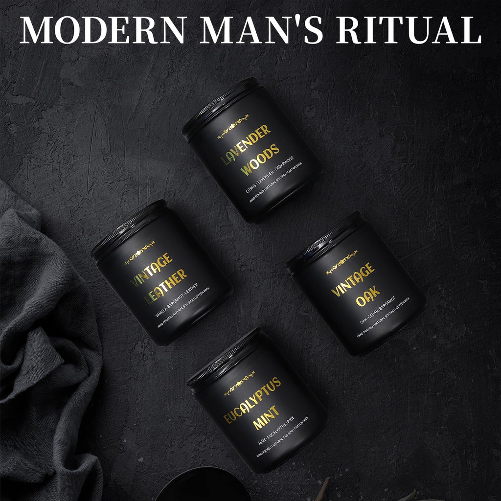 Men's Scented Candles - 4 Pack Soy Candles (28oz, 200h) Leather, Oak, Lavender & Eucalyptus