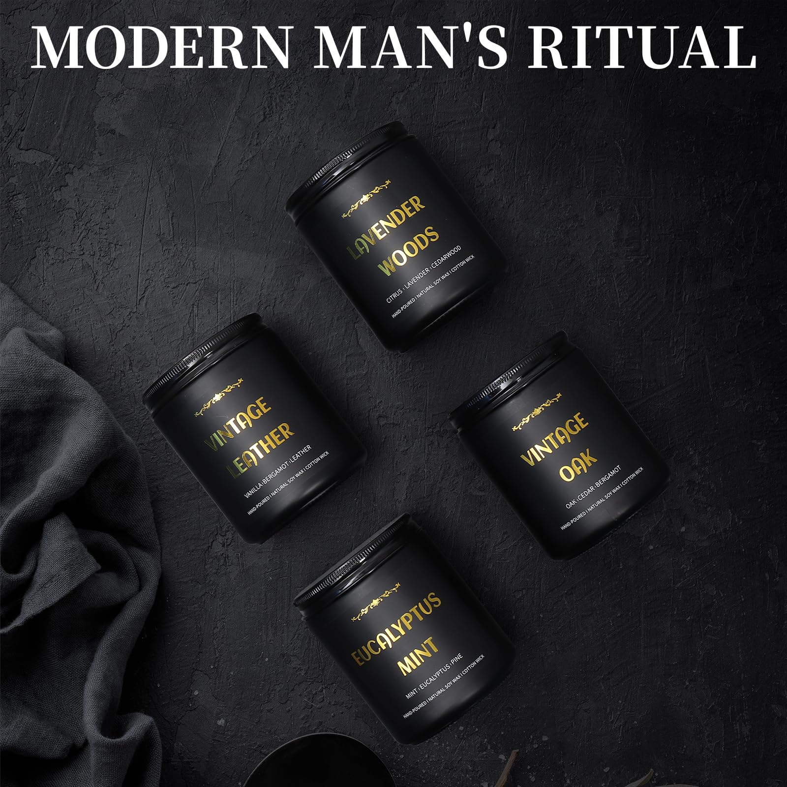 Men's Scented Candles - 4 Pack Soy Candles (28oz, 200h) Leather, Oak, Lavender & Eucalyptus