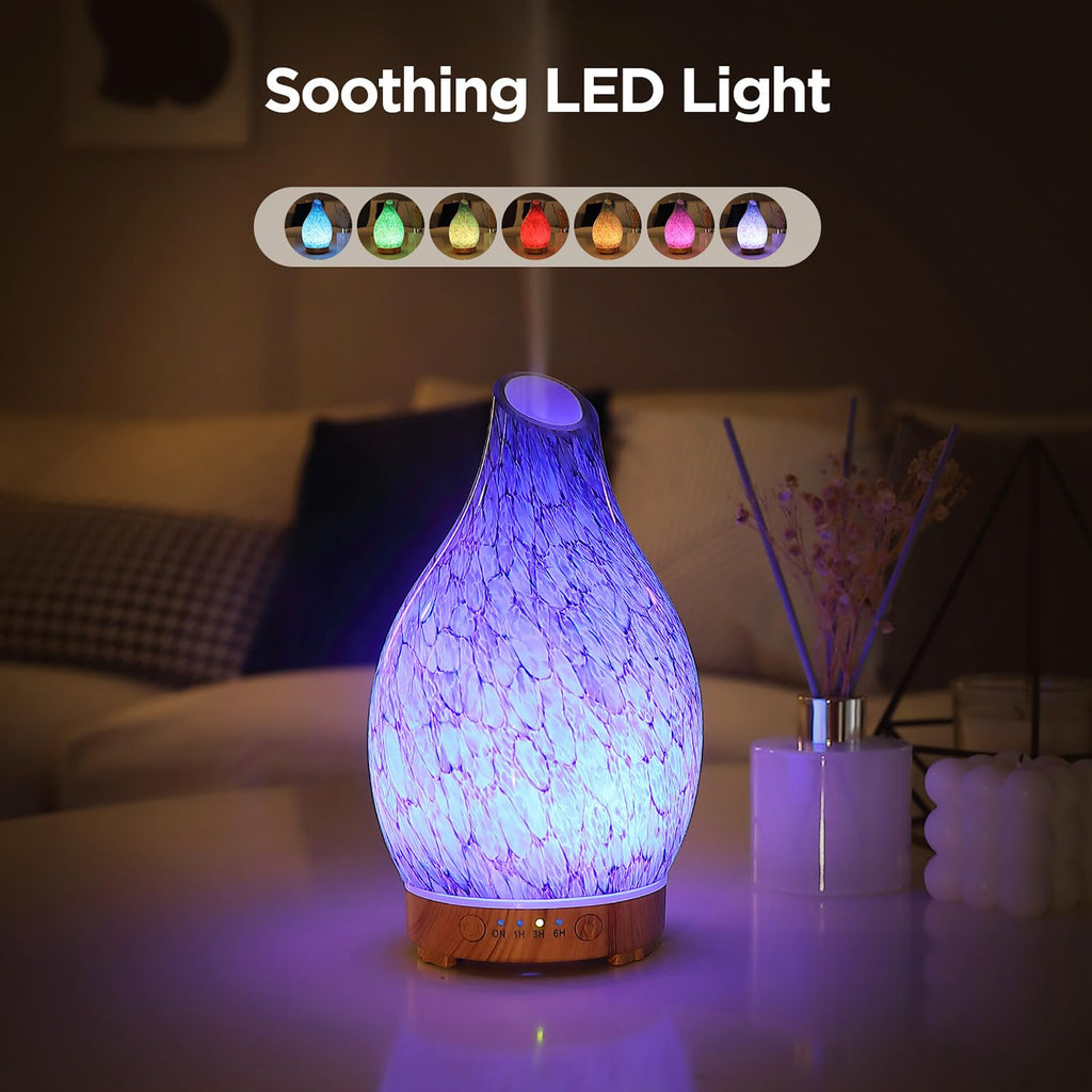 Aromatherapy Diffuser – 160ml Art Glass Ultrasonic, Quiet, 7-Color LED