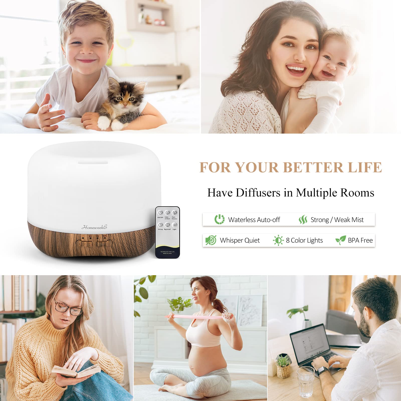 Aromatherapy Diffuser 500ml Brown – Ultrasonic Humidifier with Auto-Off