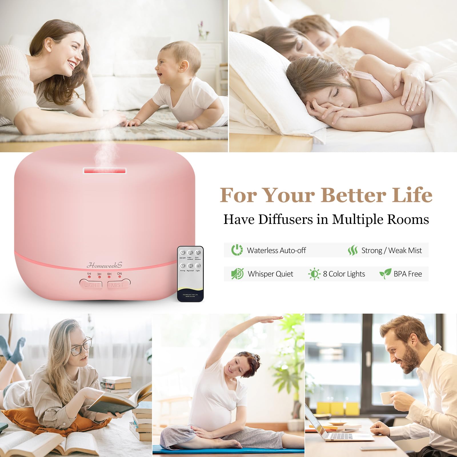 Aromatherapy Essential Oil Diffuser 300ml – Ultrasonic Humidifier with Night Light (Pink)
