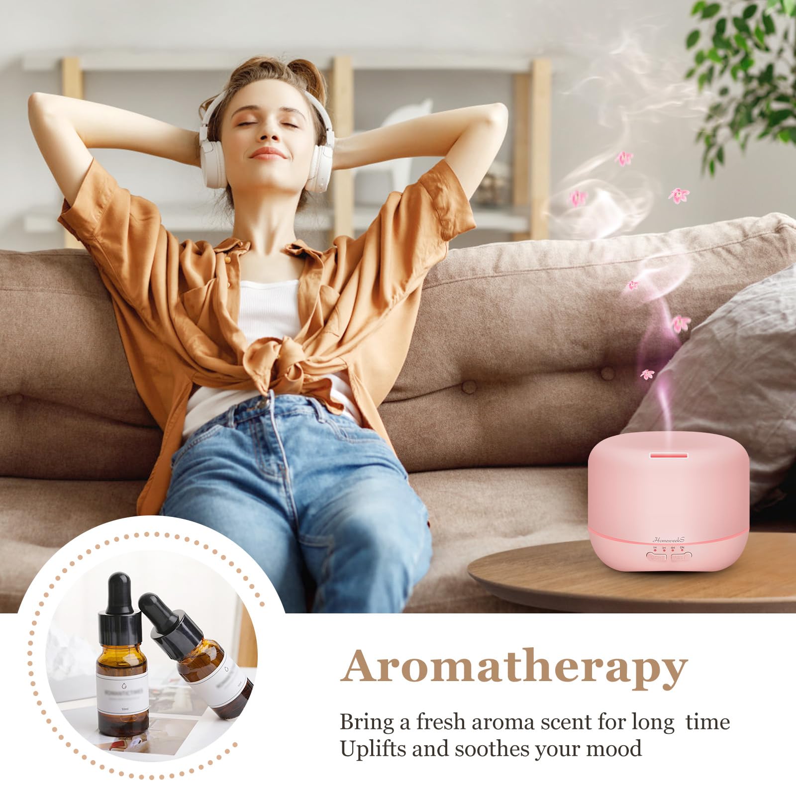 Aromatherapy Essential Oil Diffuser 300ml – Ultrasonic Humidifier with Night Light (Pink)