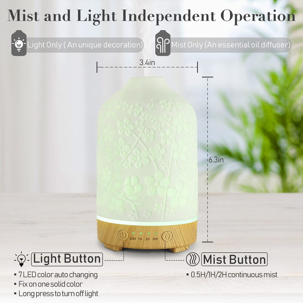 Aromatherapy Essential Oil Diffuser 150ml Ceramic | 7 LED Colors | Cherry Blossom