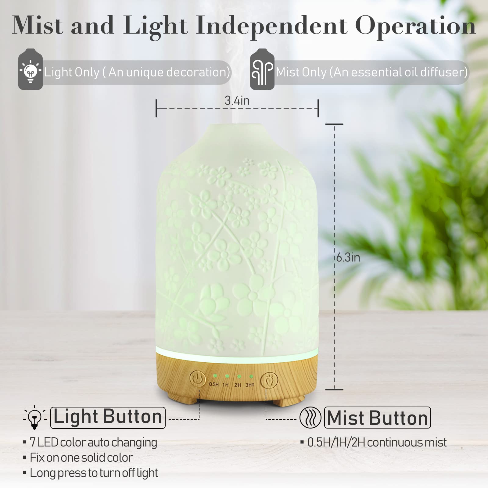 Aromatherapy Essential Oil Diffuser 150ml Ceramic | 7 LED Colors | Cherry Blossom