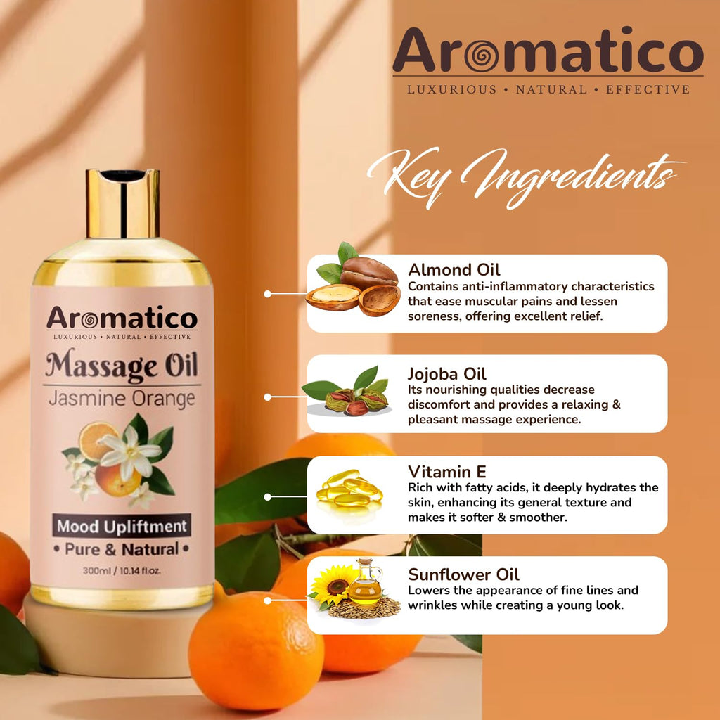 AROMATICO Massage Oil with Jasmine & Orange Essential Oils – Infused with Sesame, Almond & Jojoba Oils – Full Body Massage Oil for Relaxation – for Men & Women – 10 Fl Oz