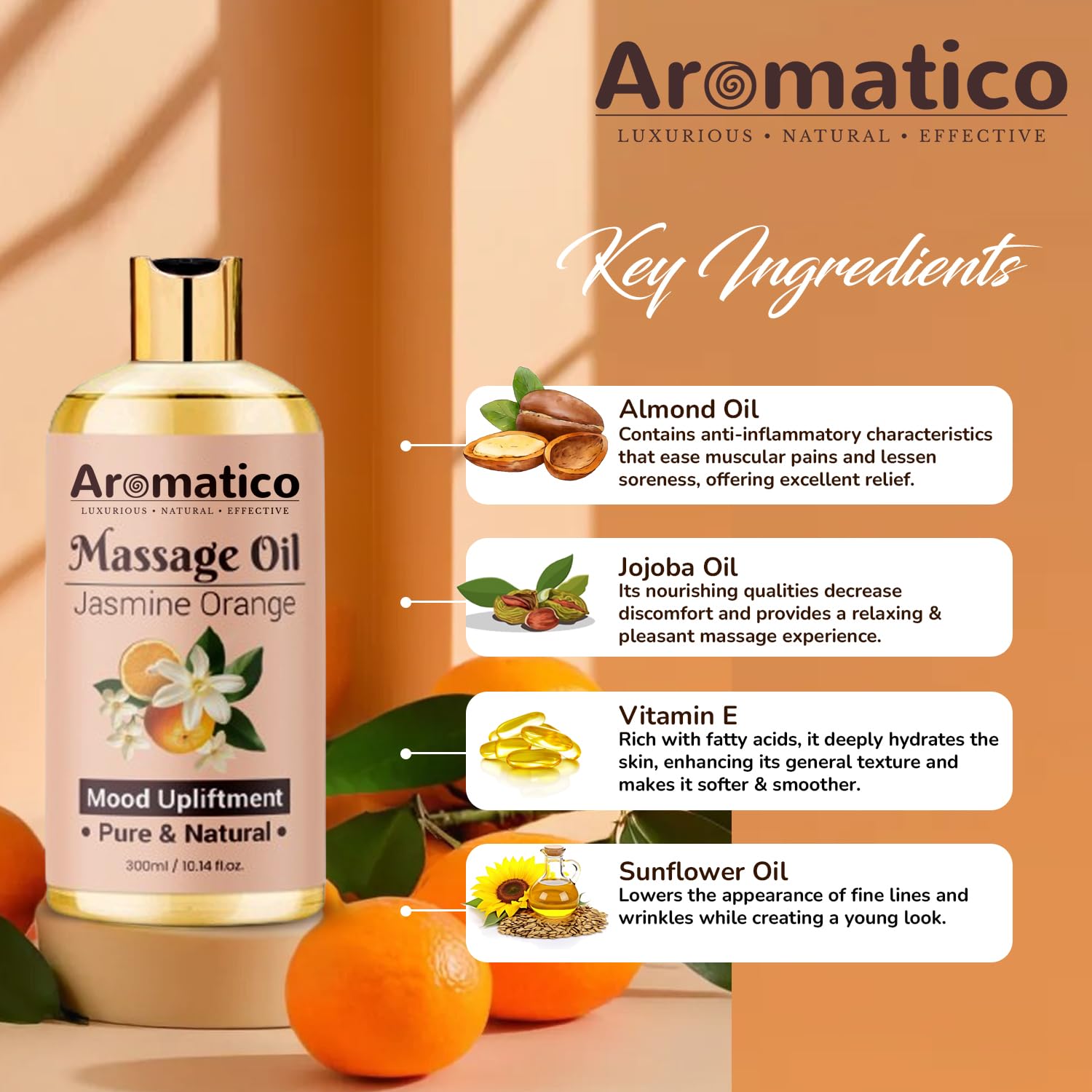 AROMATICO Massage Oil with Jasmine & Orange Essential Oils – Infused with Sesame, Almond & Jojoba Oils – Full Body Massage Oil for Relaxation – for Men & Women – 10 Fl Oz