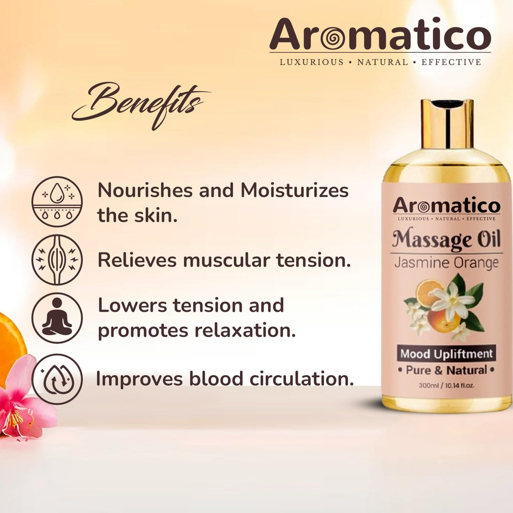 AROMATICO Massage Oil with Jasmine & Orange Essential Oils – Infused with Sesame, Almond & Jojoba Oils – Full Body Massage Oil for Relaxation – for Men & Women – 10 Fl Oz