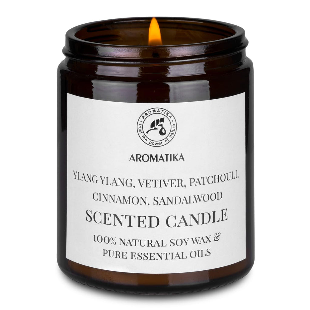 AROMATIKA Scented Soy Candle with Essential Oils – Ylang-ylang, Vetiver, Patchouli, Cinnamon & Sandalwood | 150g, 45h Burn