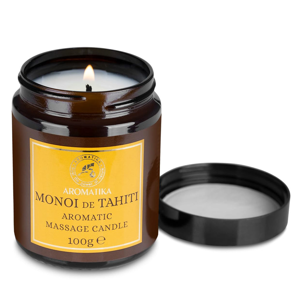 AROMATIKA Scented Massage Candle Monoi de Tahiti – Soy Wax, Coconut & Almond Oils, 3.5 oz