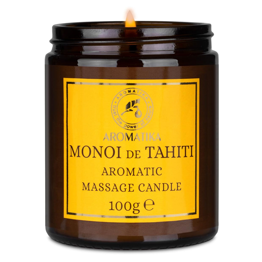 AROMATIKA Scented Massage Candle Monoi de Tahiti – Soy Wax, Coconut & Almond Oils, 3.5 oz