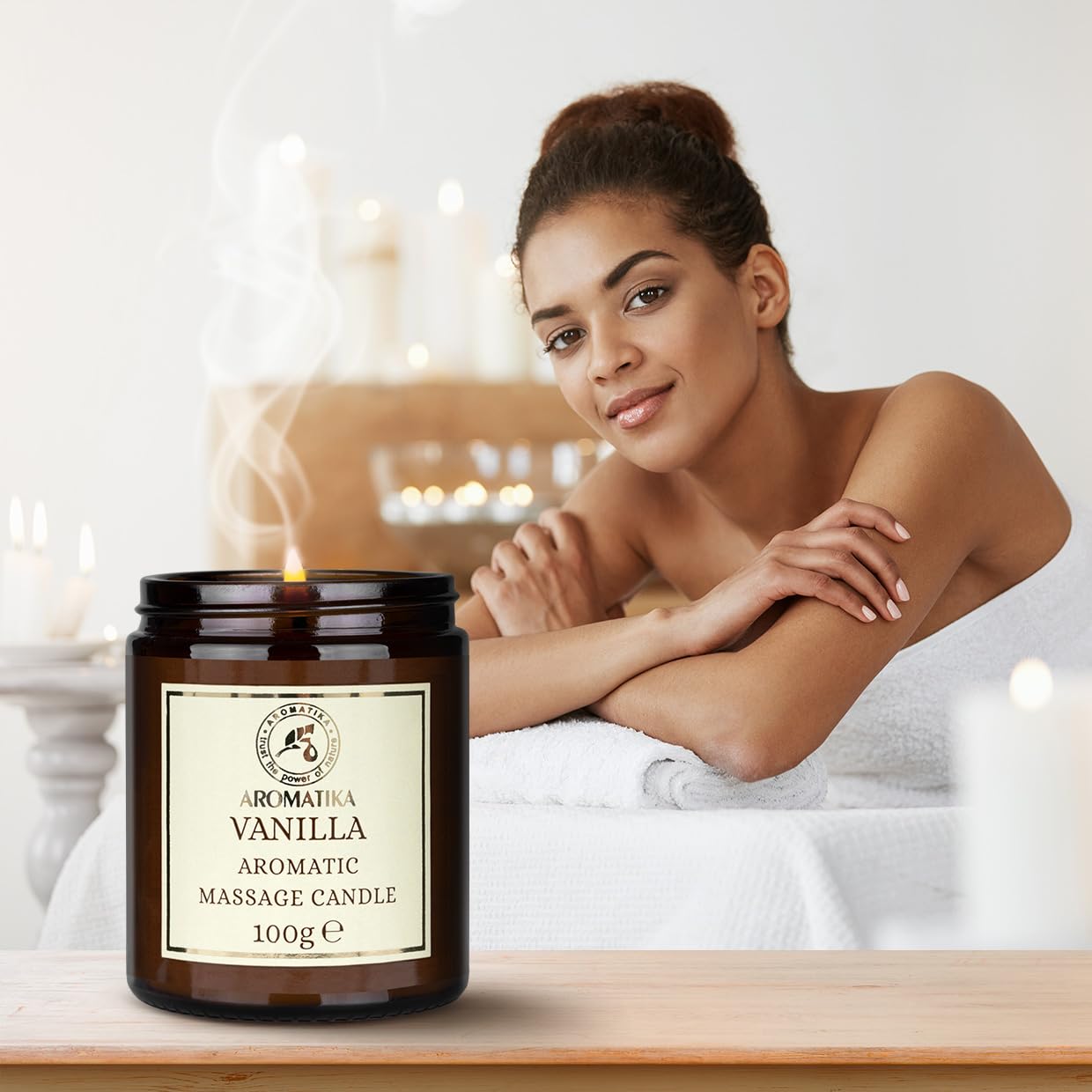 AROMATIKA Scented Massage Candle Vanilla – Relaxing 3.5oz Soy Candle with Coconut & Almond Oils