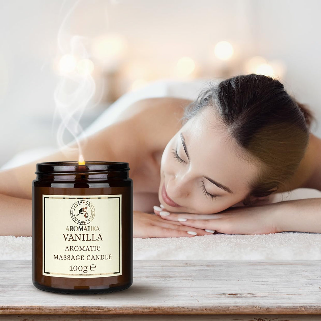 AROMATIKA Scented Massage Candle Vanilla – Relaxing 3.5oz Soy Candle with Coconut & Almond Oils