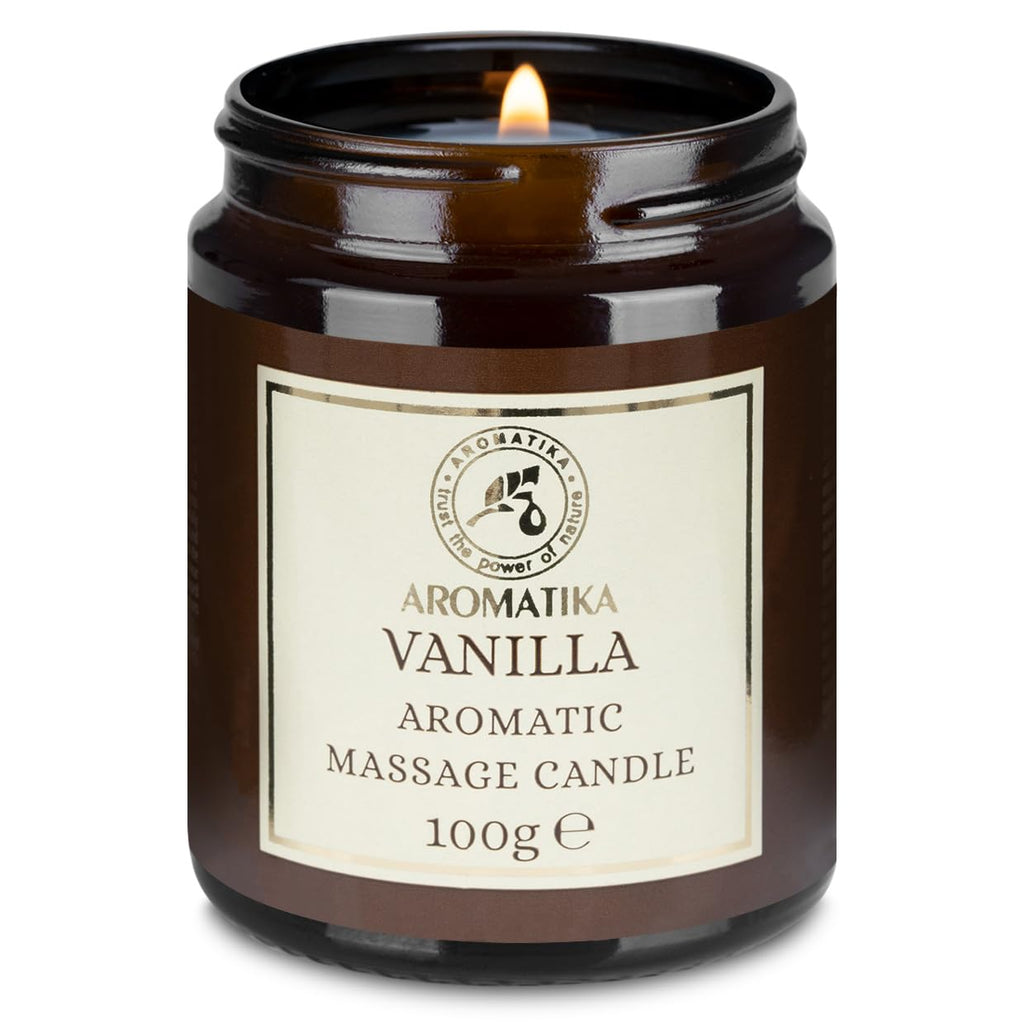 AROMATIKA Scented Massage Candle Vanilla – Relaxing 3.5oz Soy Candle with Coconut & Almond Oils