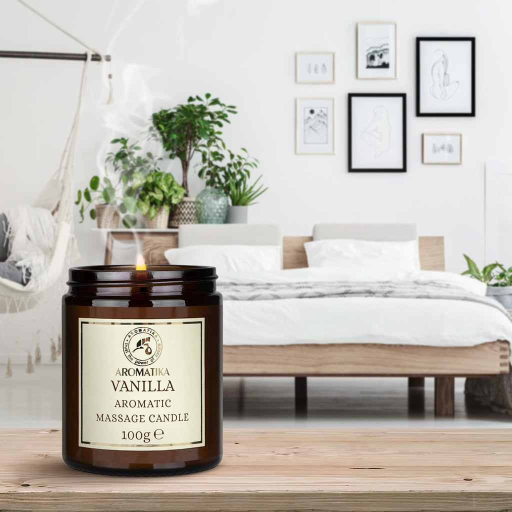AROMATIKA Scented Massage Candle Vanilla – Relaxing 3.5oz Soy Candle with Coconut & Almond Oils