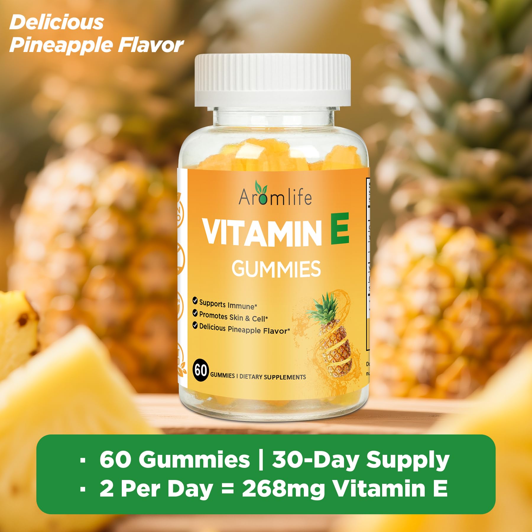 Aromlife Vitamin E 400 IU Gummies – 268 mg per Serving, Pineapple Flavor, 60 Count, Gluten-Free