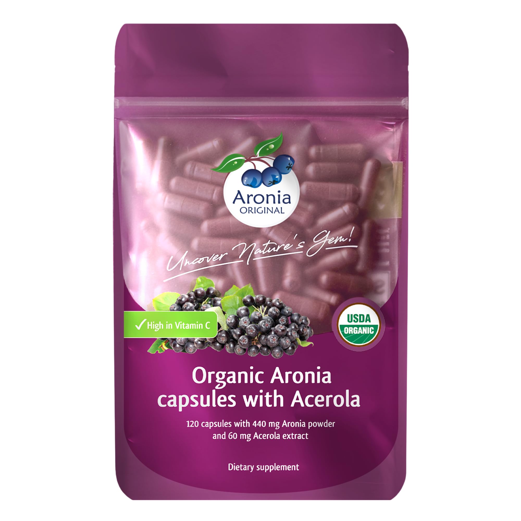 Organic Aronia Berry Capsules (60 Servings) – 10:1 Aronia Extract + 120 mg Acerola Cherry per Serving | Vitamin C & Antioxidants | Black Chokeberry Supplement