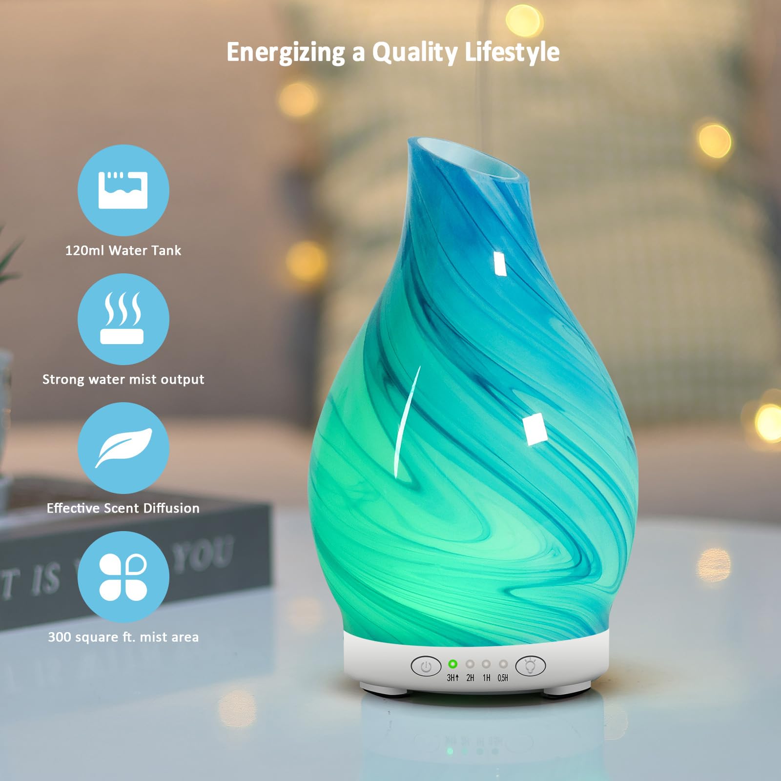 Art Glass Essential Oil Diffuser 120ml – 7 Color LED Lights, 4 Timer Settings, Quiet Cool Mist Humidifier | Gift for Women & Mom