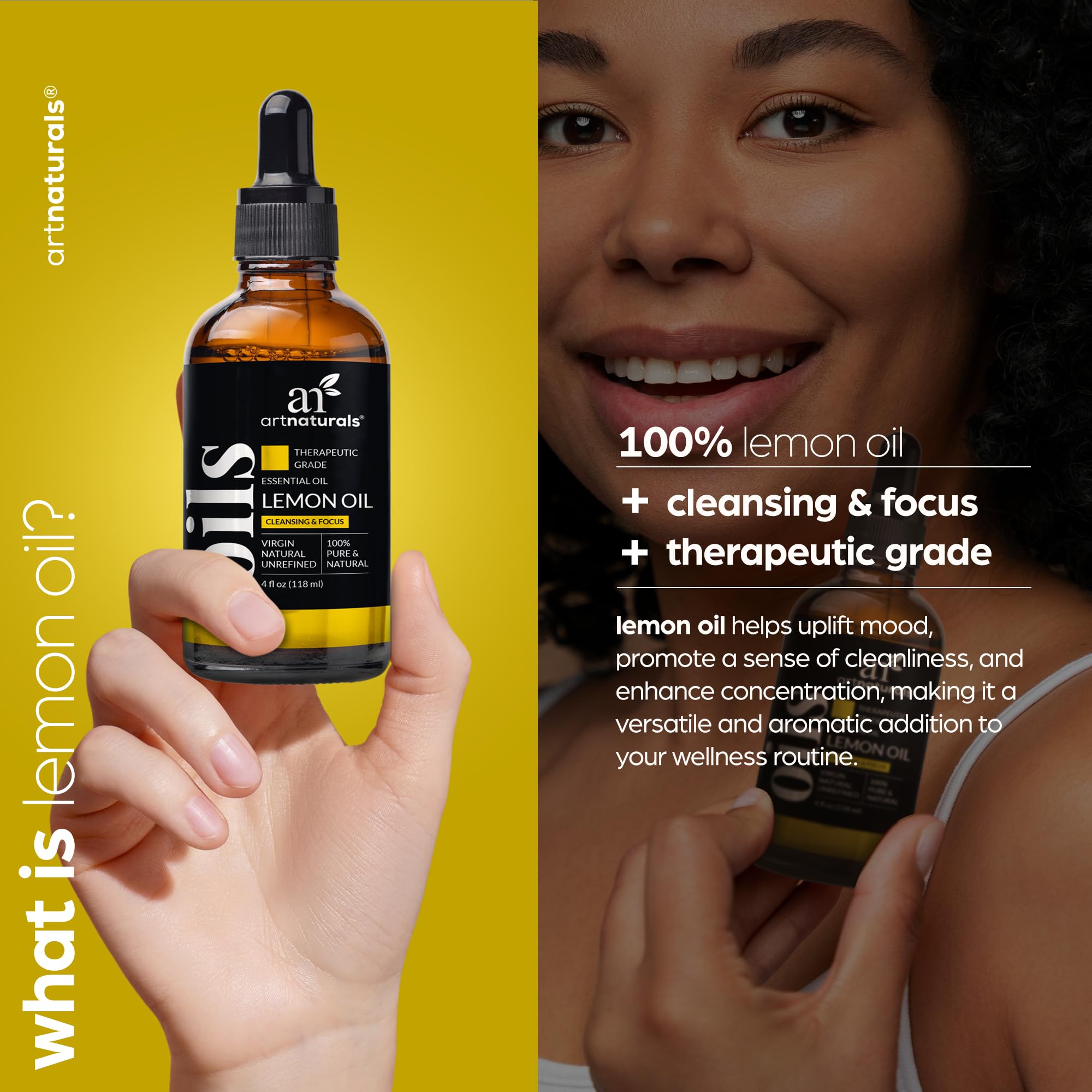 ArtNaturals Lemon Essential Oil 4 oz (118 ml) – 100% Pure, Therapeutic Grade – For Skin, Hair, Aromatherapy & Diffuser