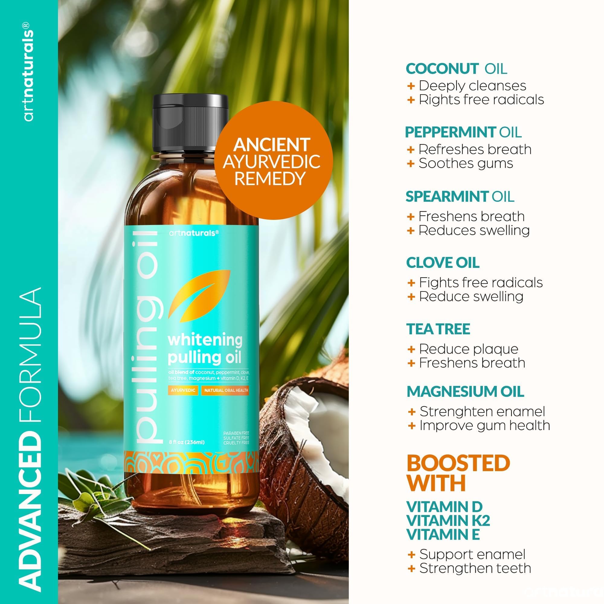 artnaturals Coconut Oil Pulling Set (8oz) – Bamboo Toothbrush & Tongue Scraper, Alcohol-Free Mouthwash