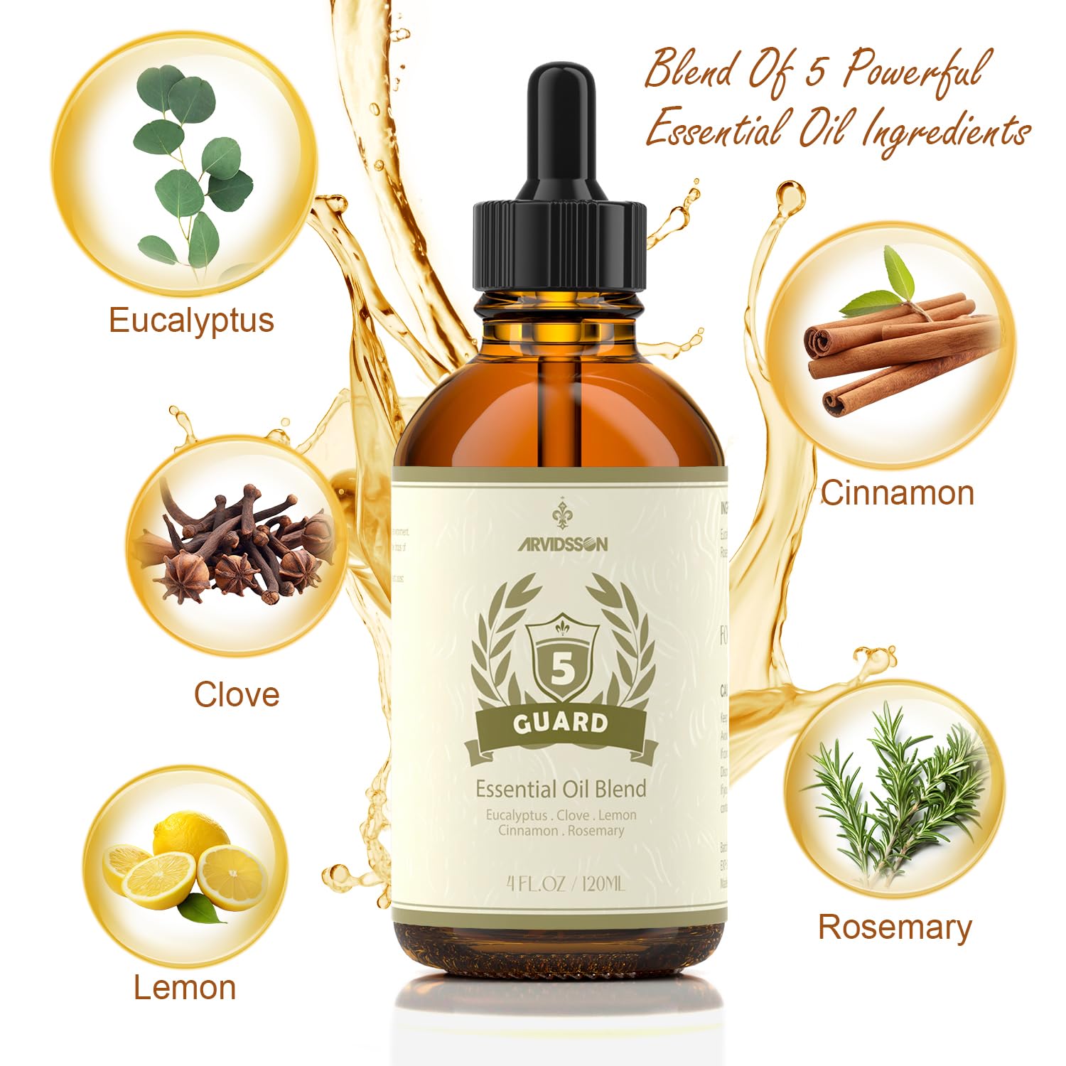 ARVIDSSON Five Guard Essential Oil Blend – 4 Fl Oz (120 ml) | Clove, Eucalyptus, Lemon, Cinnamon & Rosemary
