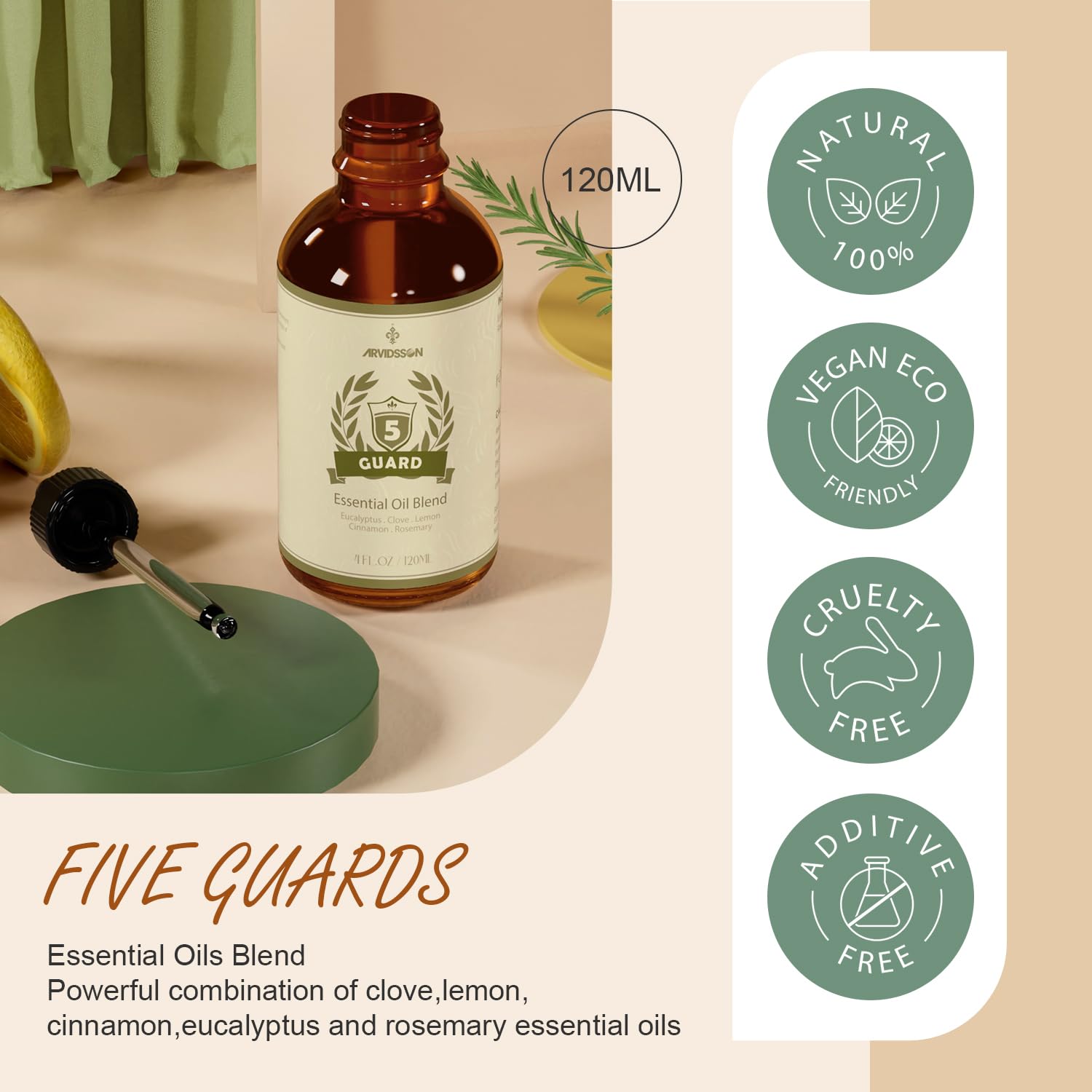 ARVIDSSON Five Guard Essential Oil Blend – 4 Fl Oz (120 ml) | Clove, Eucalyptus, Lemon, Cinnamon & Rosemary