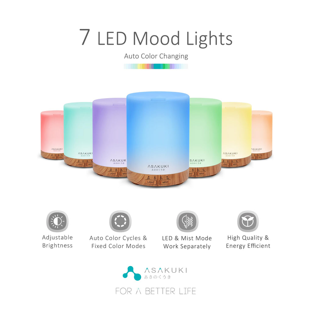 ASAKUKI 300ml Essential Oil Diffuser - 5-in-1 Quiet Humidifier with 7 LED Colors | Light Brown