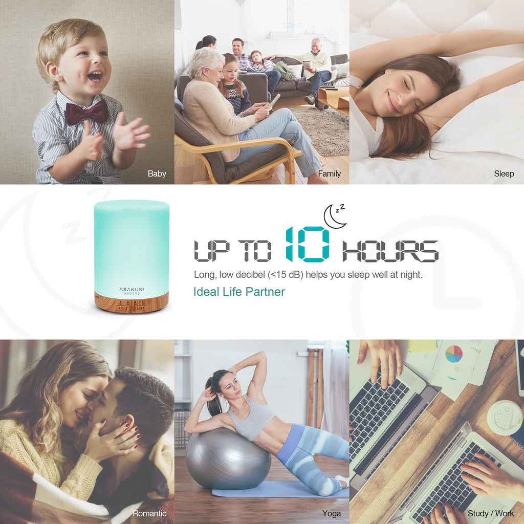 ASAKUKI 300ml Essential Oil Diffuser - 5-in-1 Quiet Humidifier with 7 LED Colors | Light Brown
