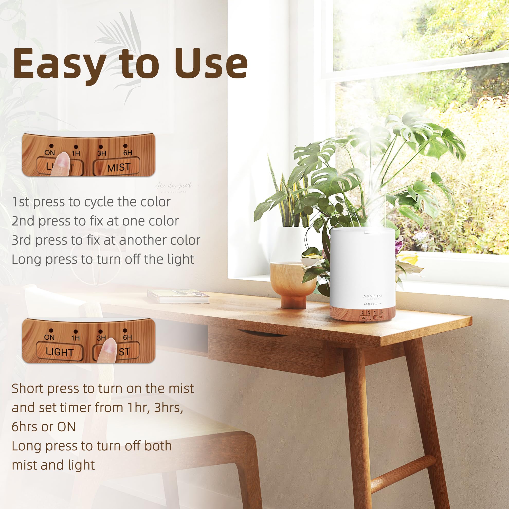ASAKUKI Essential Oil Diffuser – 300ml Brown, 6 Oils, Auto-Off, 7 LED Colors