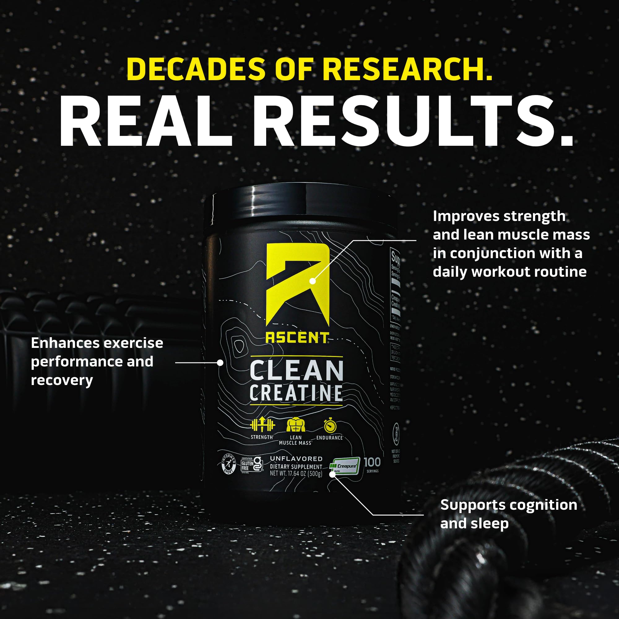 Ascent Clean Creatine Monohydrate Powder – 5G Per Serving, Creapure, Unflavored, 100 Servings