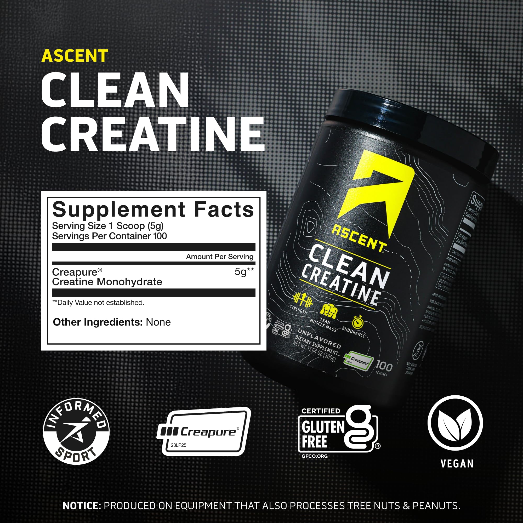 Ascent Clean Creatine Monohydrate Powder – 5G Per Serving, Creapure, Unflavored, 100 Servings
