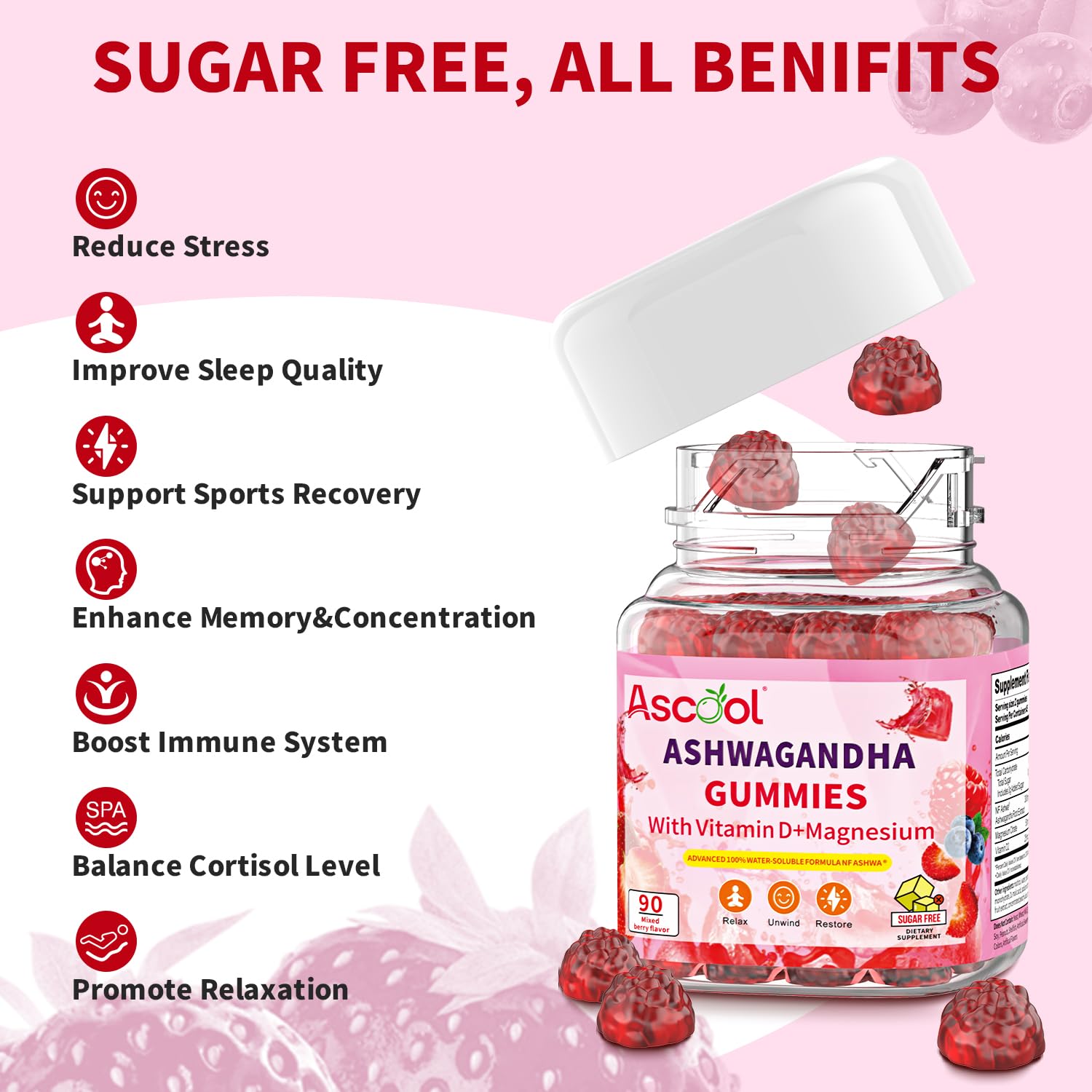 Ascool Ashwagandha Gummies – Sugar Free, Vitamin D & Magnesium, 90ct Vegan