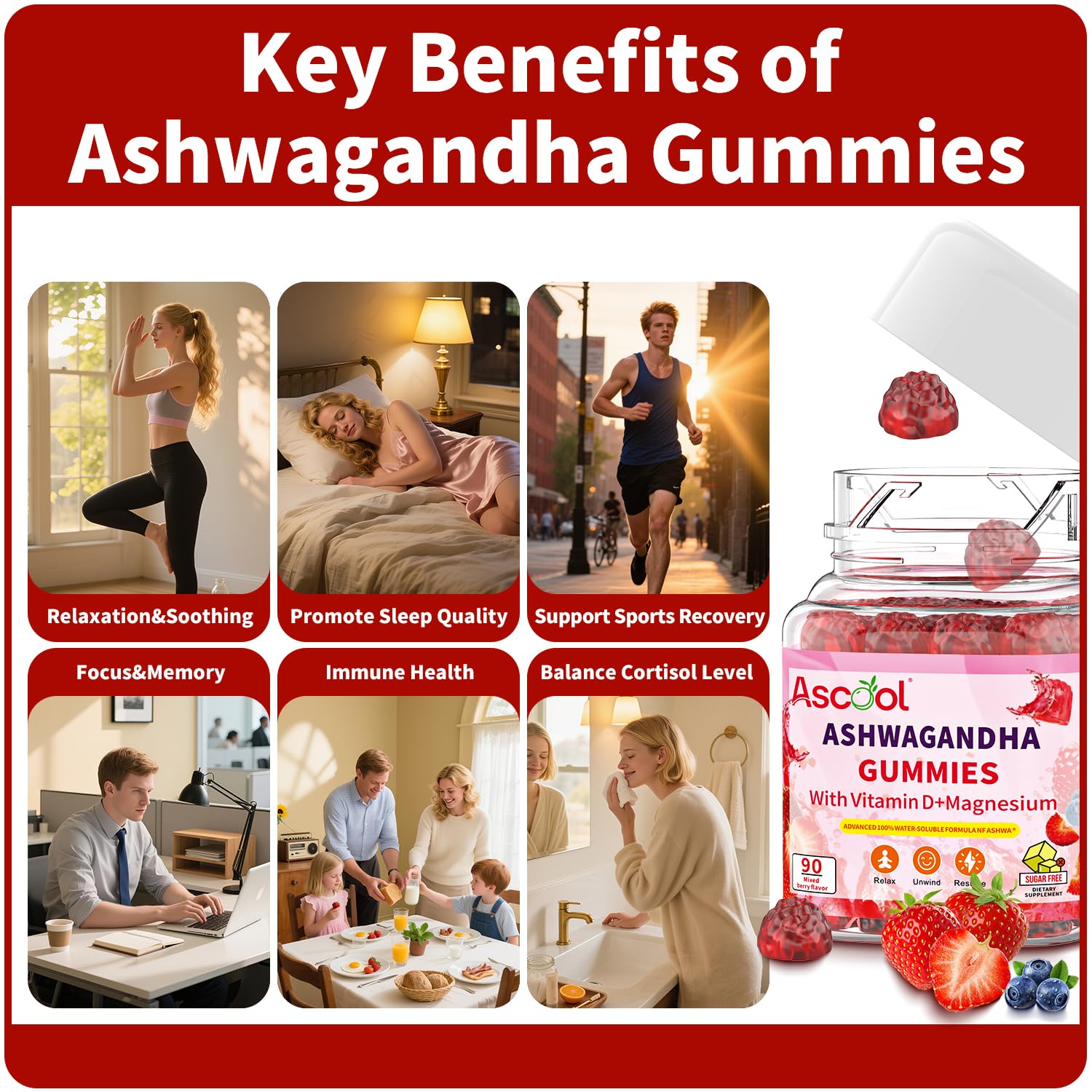 Ascool Sugar-Free Vegan Ashwagandha Gummies – Water-Soluble Root Extract + Vitamin D & Magnesium