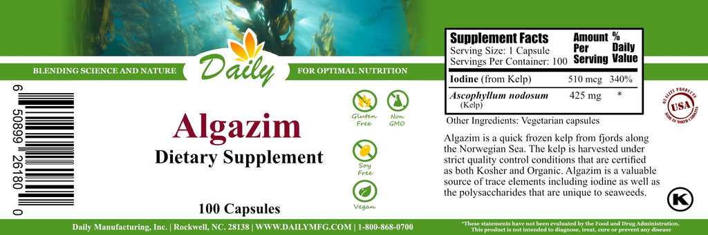 Algazim™ Daily Manufacturing – Iodine & Ascophyllum Nodosum from Norwegian Kelp | 100 Vegetarian Capsules