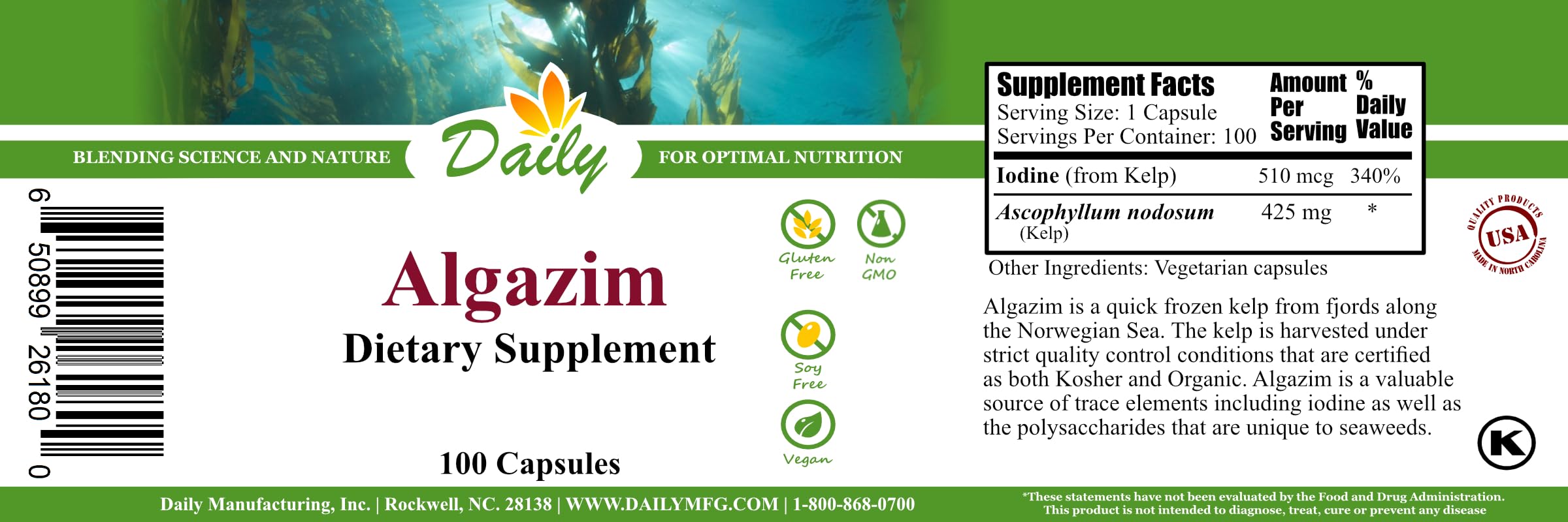 Algazim™ Daily Manufacturing – Iodine & Ascophyllum Nodosum from Norwegian Kelp | 100 Vegetarian Capsules