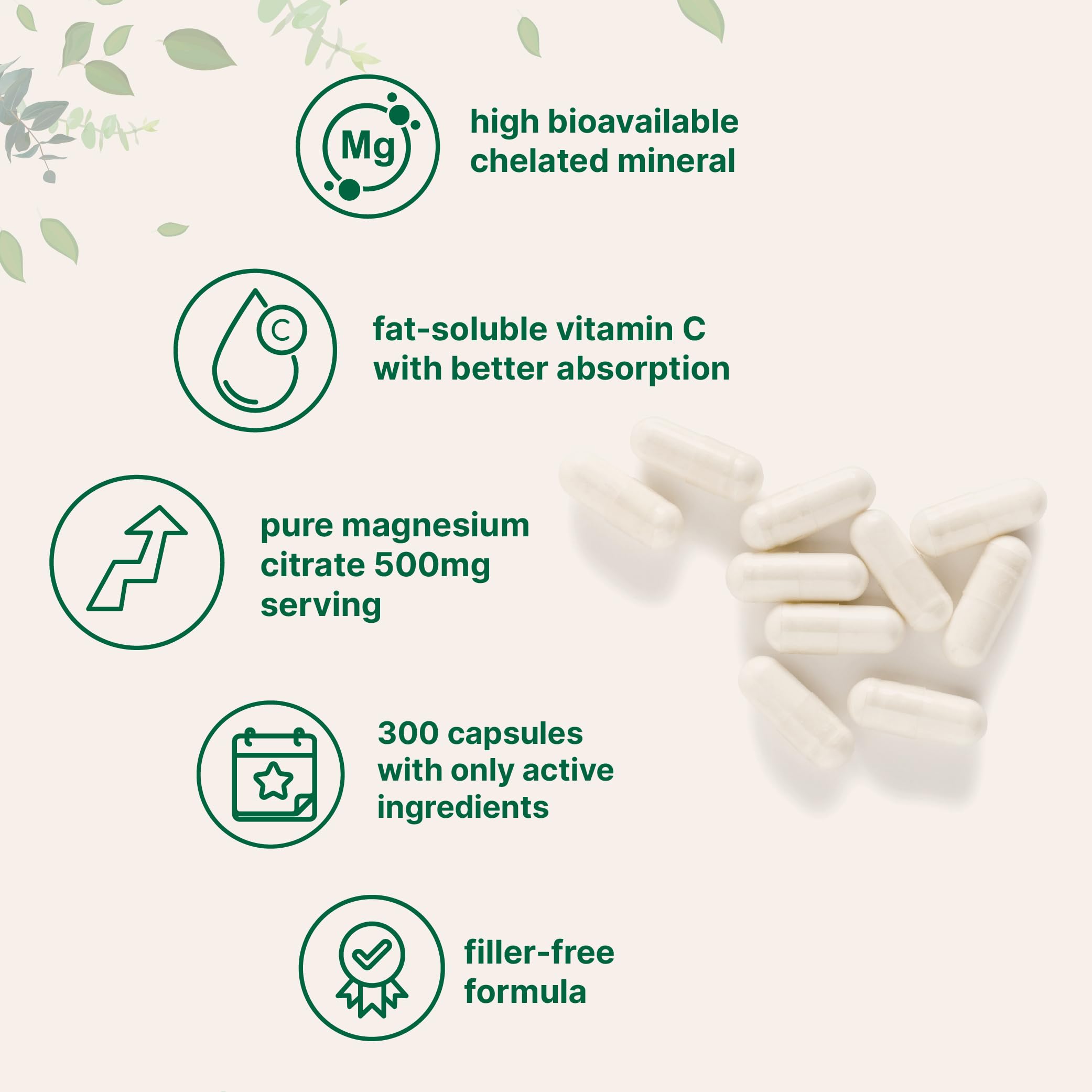 Pure Magnesium Citrate 500mg | 300 Capsules | Chelated, Fat-Soluble Vitamin C | Supports Digestion, Muscle & Heart Health