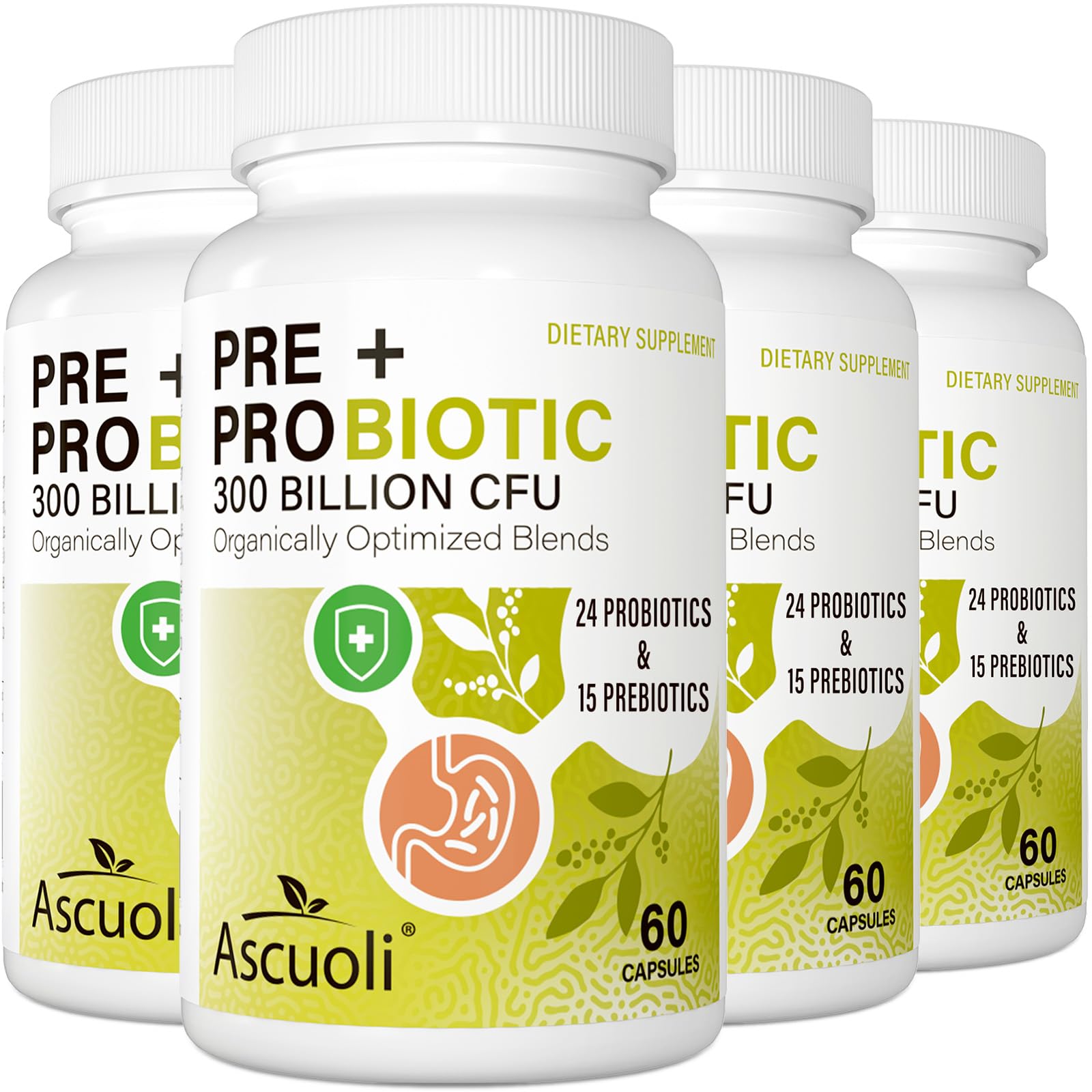 Ascuoli Probiotics for Women & Men – 300B CFU, 24 Strains + 15 Organic Herbs Prebiotic Blend | 240 Veg Capsules