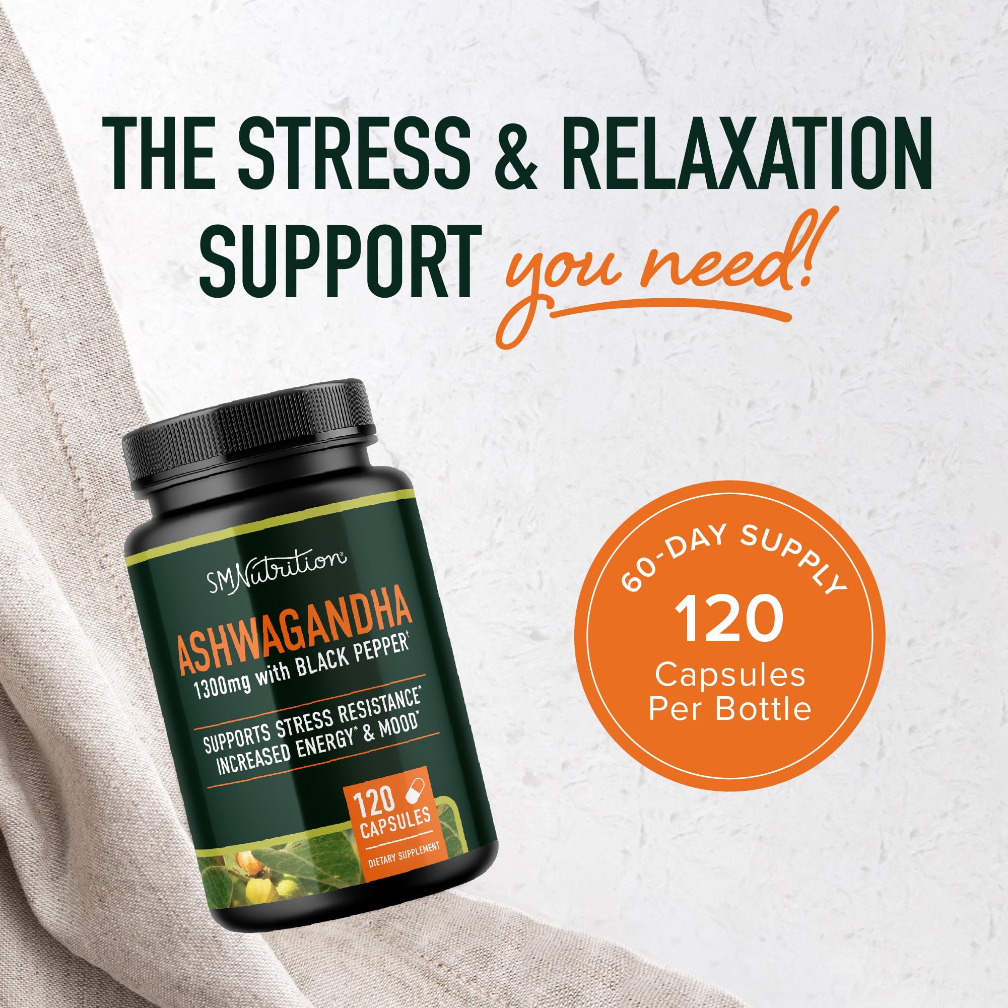 Ashwagandha 1300mg | Stress Resistance & Energy Boost | 120ct Non-GMO
