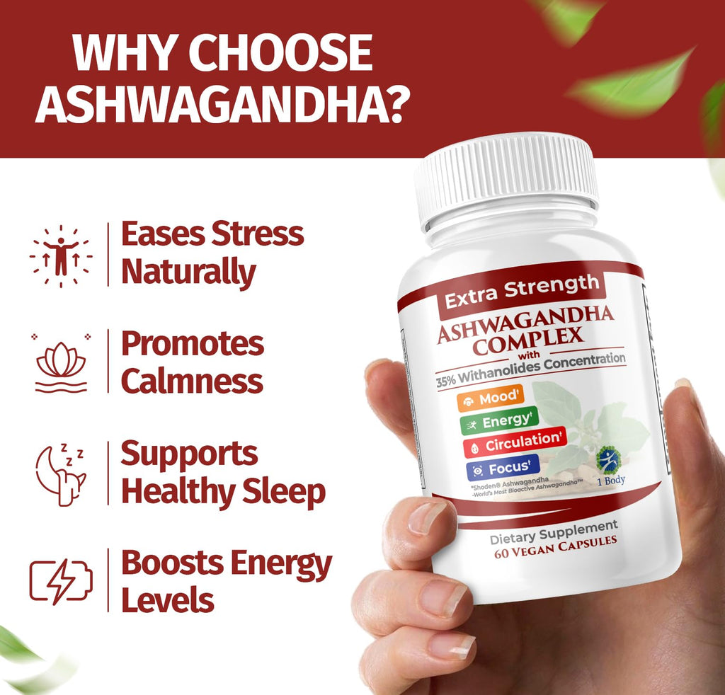 100% Natural Shoden Ashwagandha Complex Supplement - Ultra High Potency 35:1 Concentrated Root Extract for Sleep & Energy Support - Vegan, Non-GMO - 60 Ashwagandha Capsules