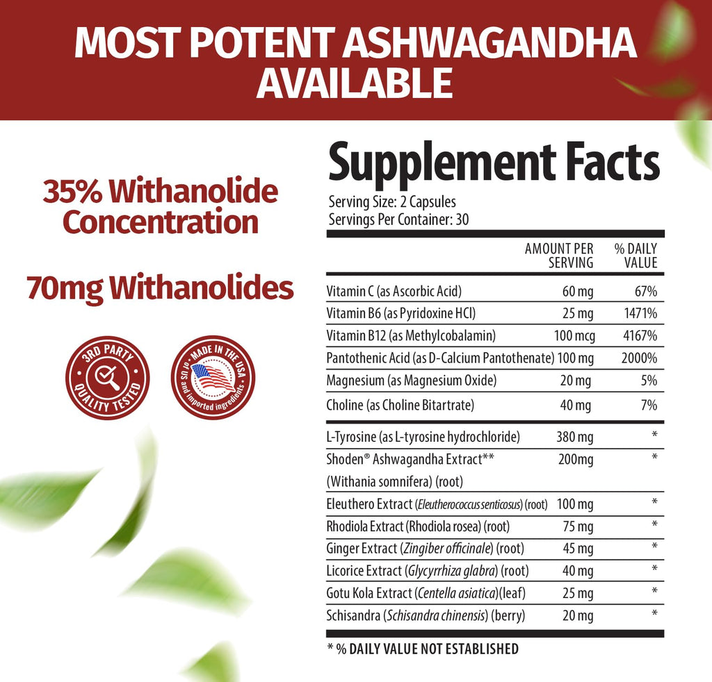 100% Natural Shoden Ashwagandha Complex Supplement - Ultra High Potency 35:1 Concentrated Root Extract for Sleep & Energy Support - Vegan, Non-GMO - 60 Ashwagandha Capsules