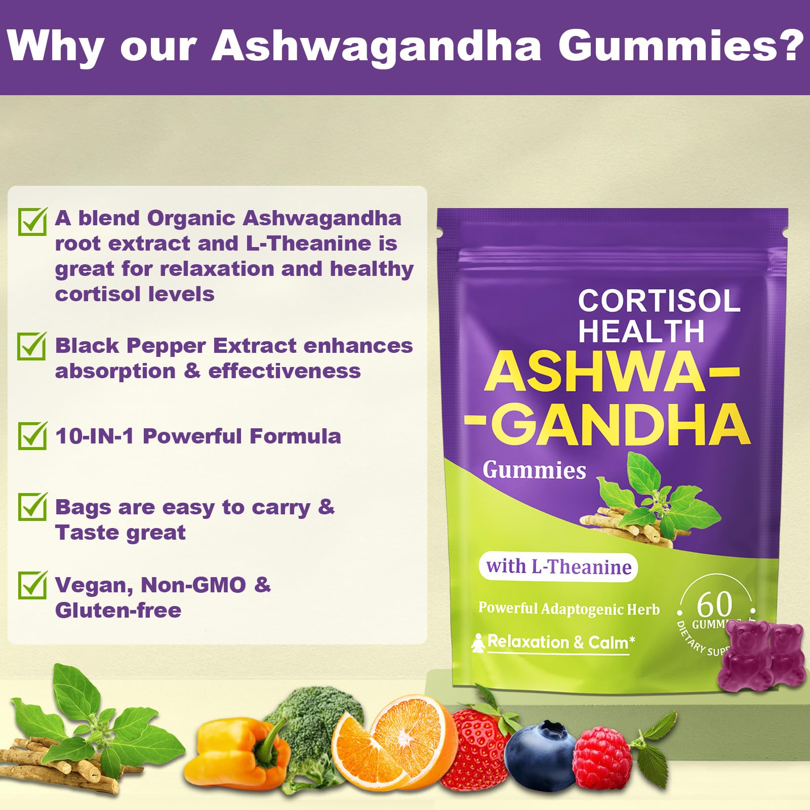 Ashwagandha Gummies - 10 in 1 Organic Ashwaganda Gummies for Women & Men, with L Theanine, Vitamin B6, Black Pepper for Relaxation*, Cognitive, Immune, Zzz, Cortisol, Vegan, Berry Flavor - 60 Count