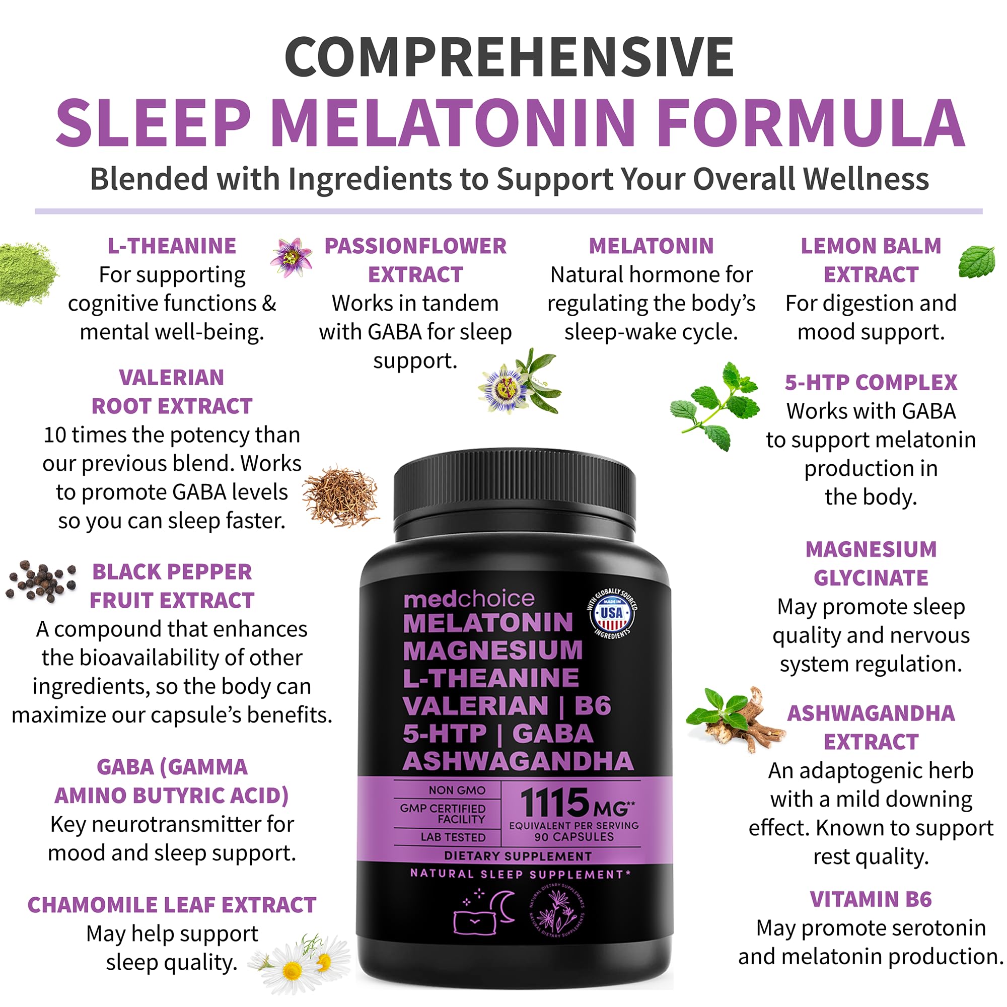 MEDCHOICE 12-in-1 Melatonin Sleep Capsules – 5 mg Melatonin & 500 mg Magnesium Glycinate (90ct, Pack of 3)