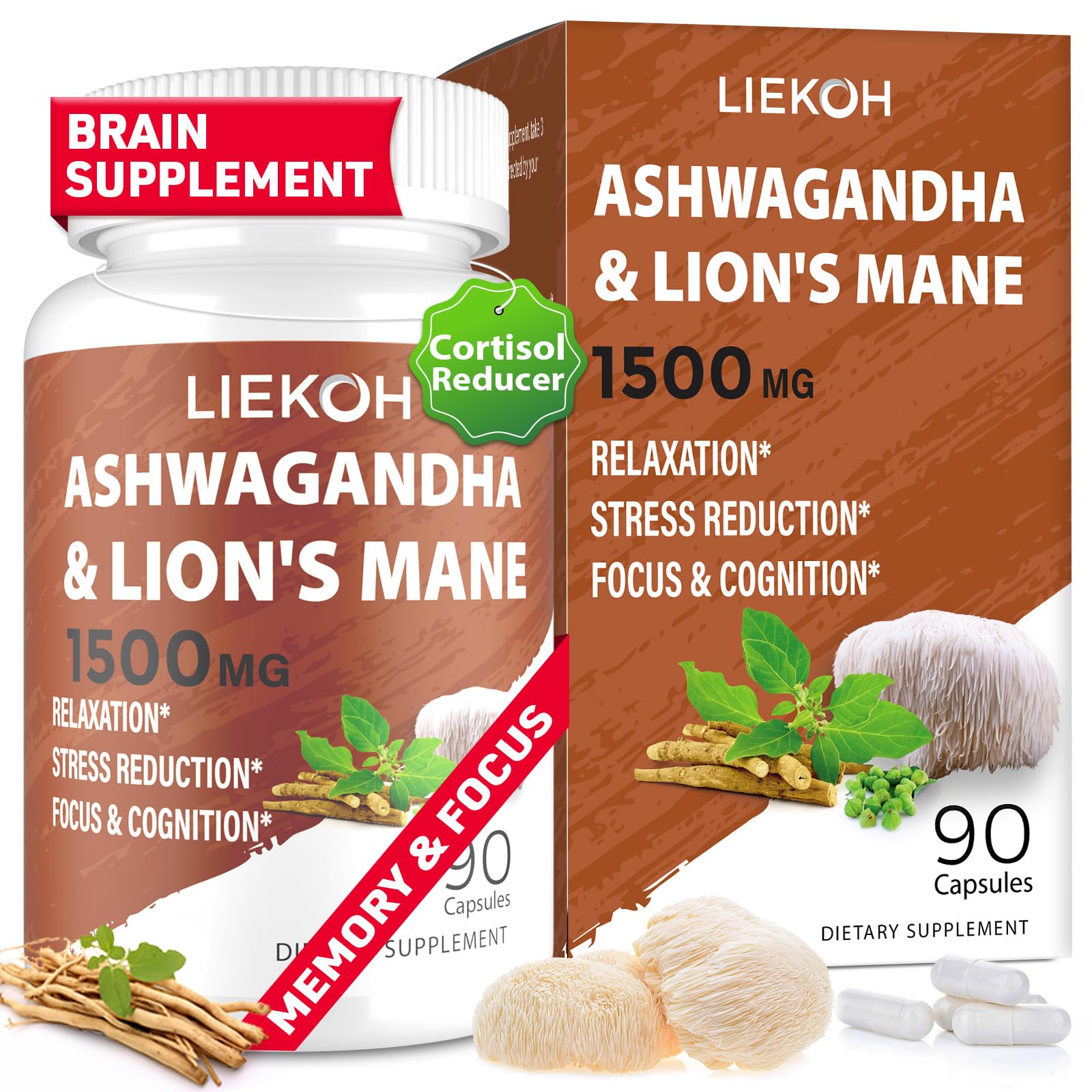 Ashwagandha & Lions Mane Capsules for Memory, Focus – 90 Caps