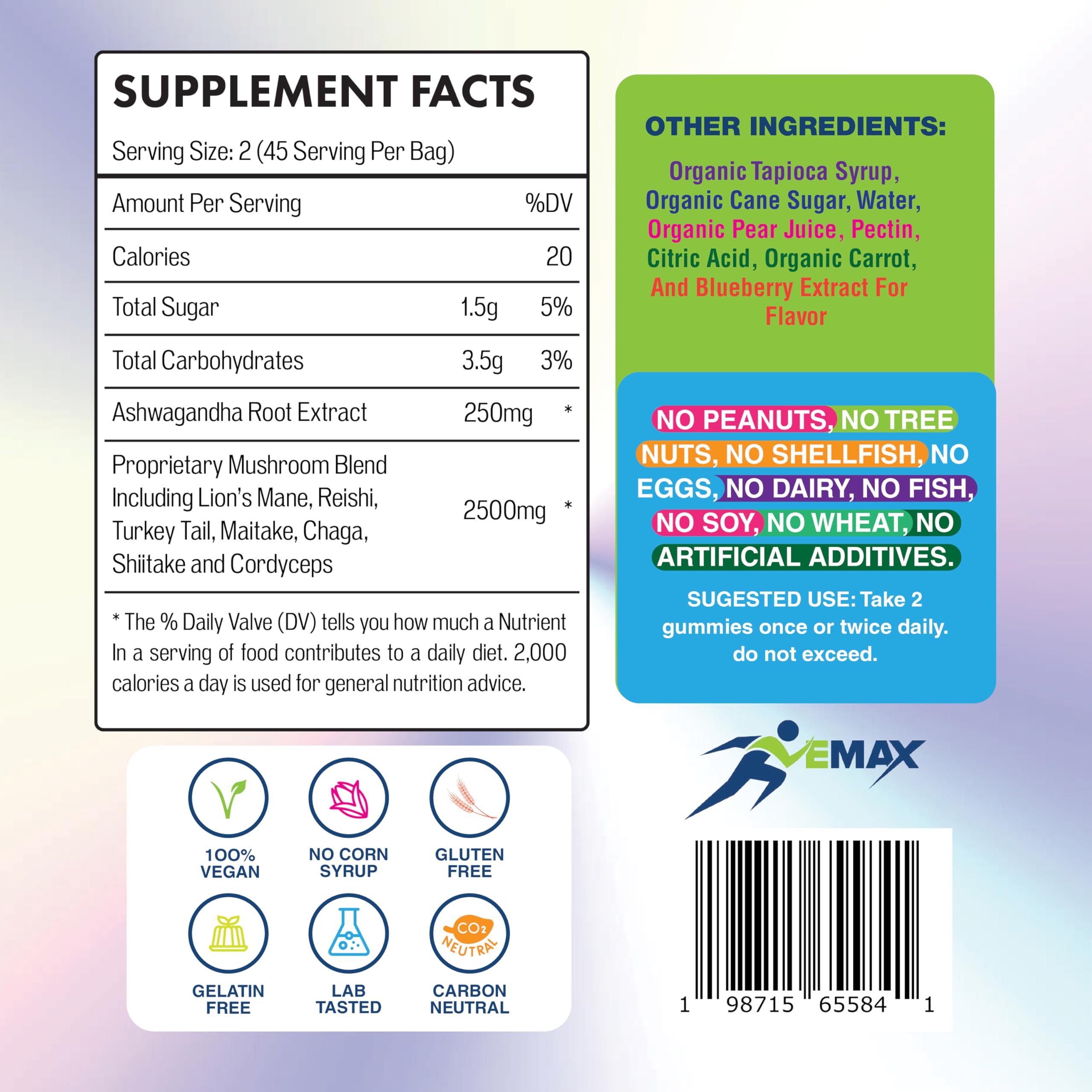 Ashwagandha & Lion’s Mane Gummies – Organic Vegan Mushroom Supplement for Immunity & Brain Health