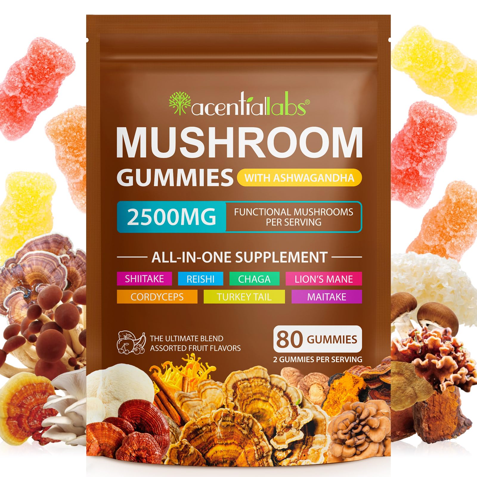 Ashwagandha Gummies with Super Mushroom Blend – Immune Support & Focus (Vegan, 80 Ct)